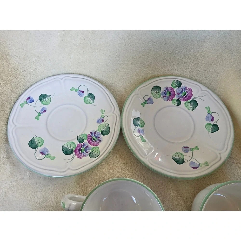 Herend Village Pottery Handpainted Tea Cups and Saucers Set of 2 Floral Hungary